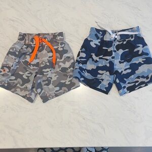 Kids Camo Swim Trunks in Gray & Blue with Orange Accent